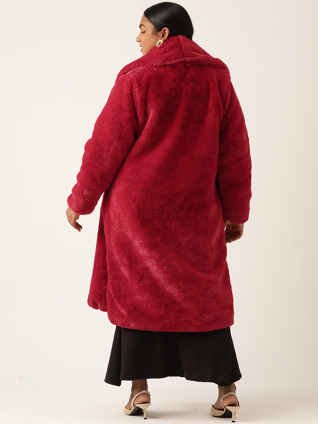 Women's Plus Size Red Color Faux Fur Open front Longline jacket
