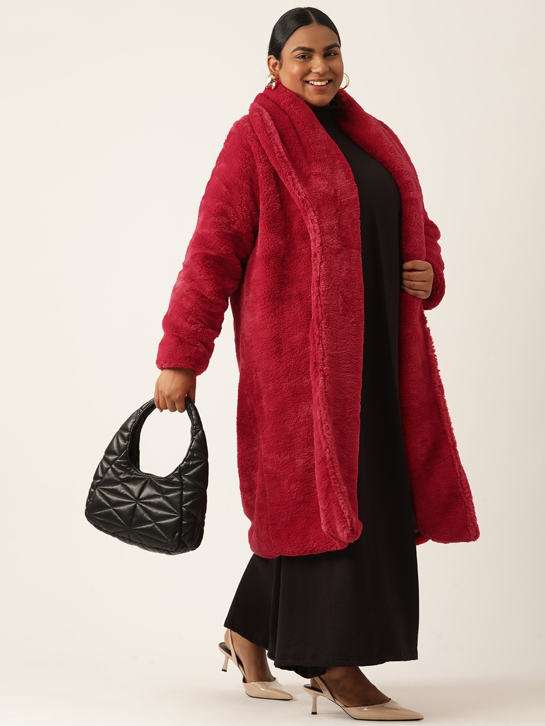 Women's Plus Size Red Color Faux Fur Open front Longline jacket