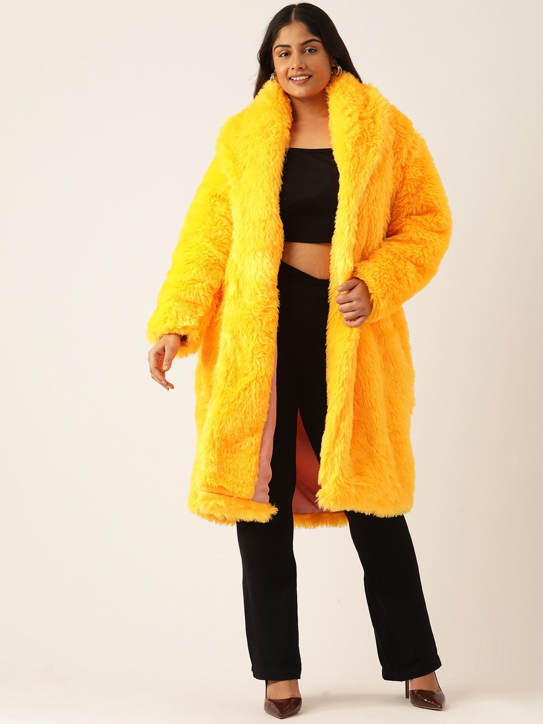 Women's Plus Size Yellow Color Faux Fur Open front Longline jacket