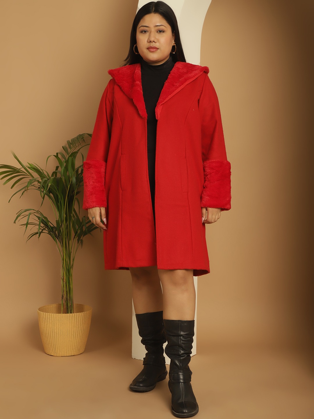 Women's Plus Size Red Solid Color faux fur Longline Jacket