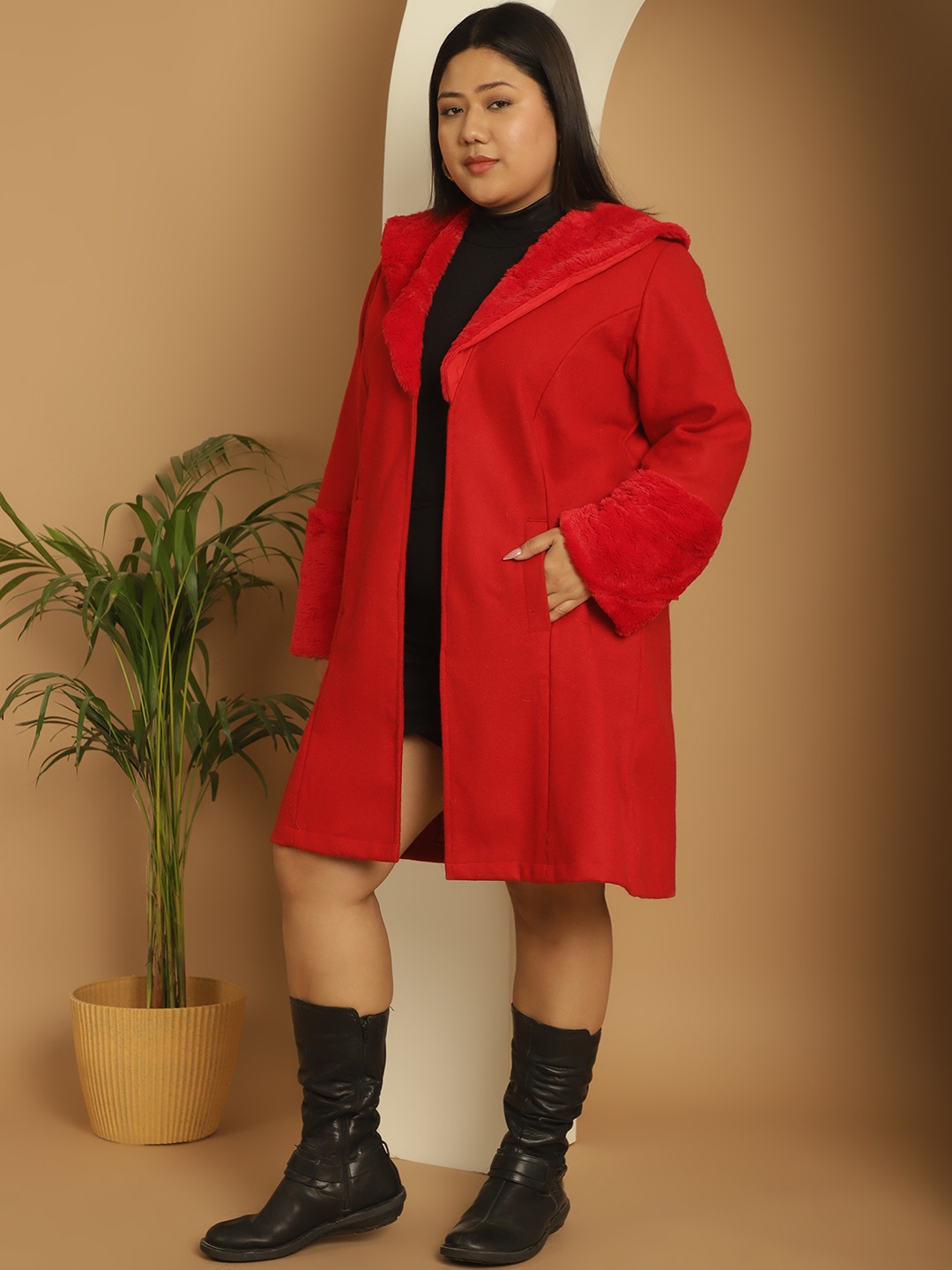 Women's Plus Size Red Solid Color faux fur Longline Jacket