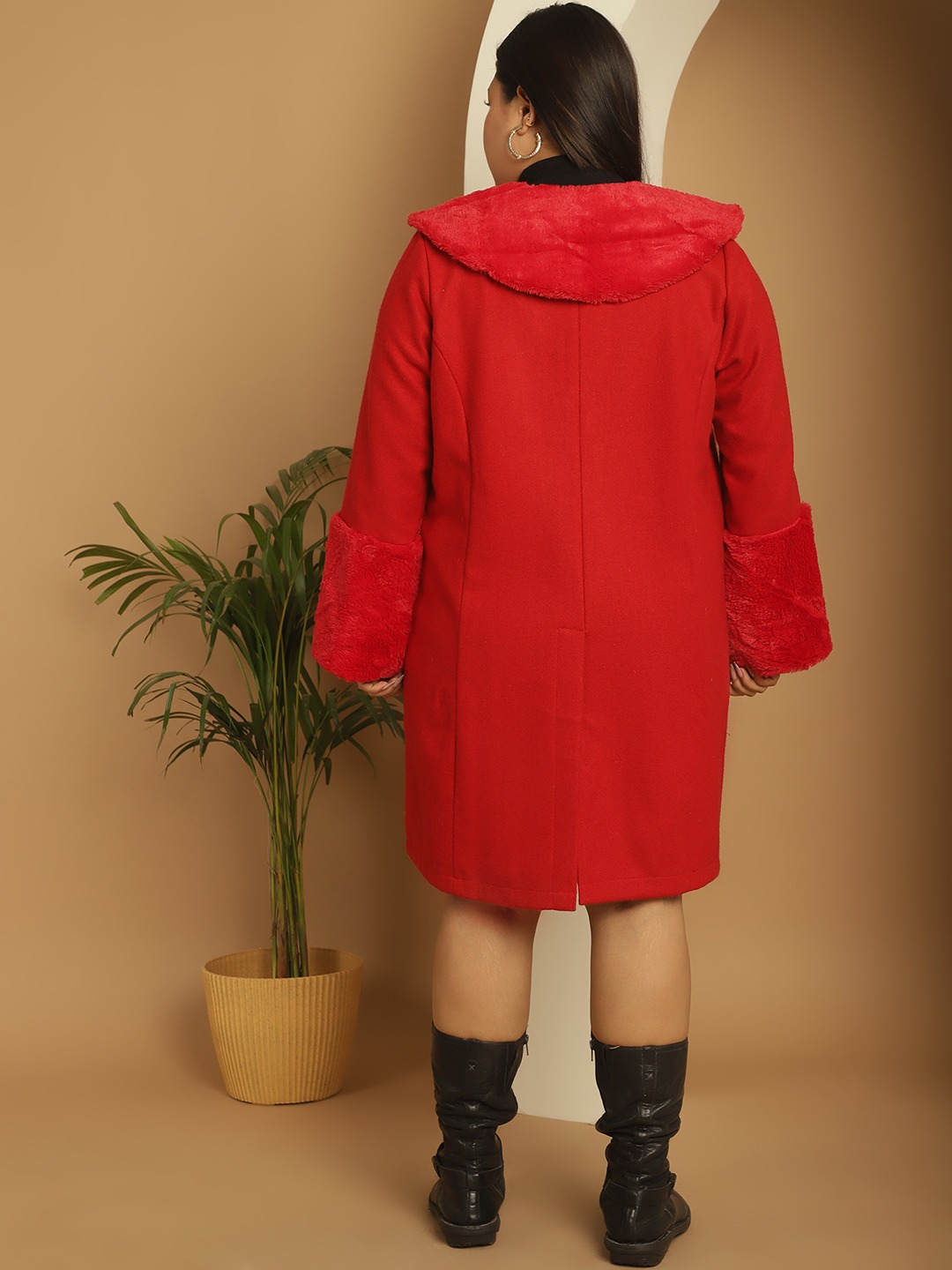 Women's Plus Size Red Solid Color faux fur Longline Jacket