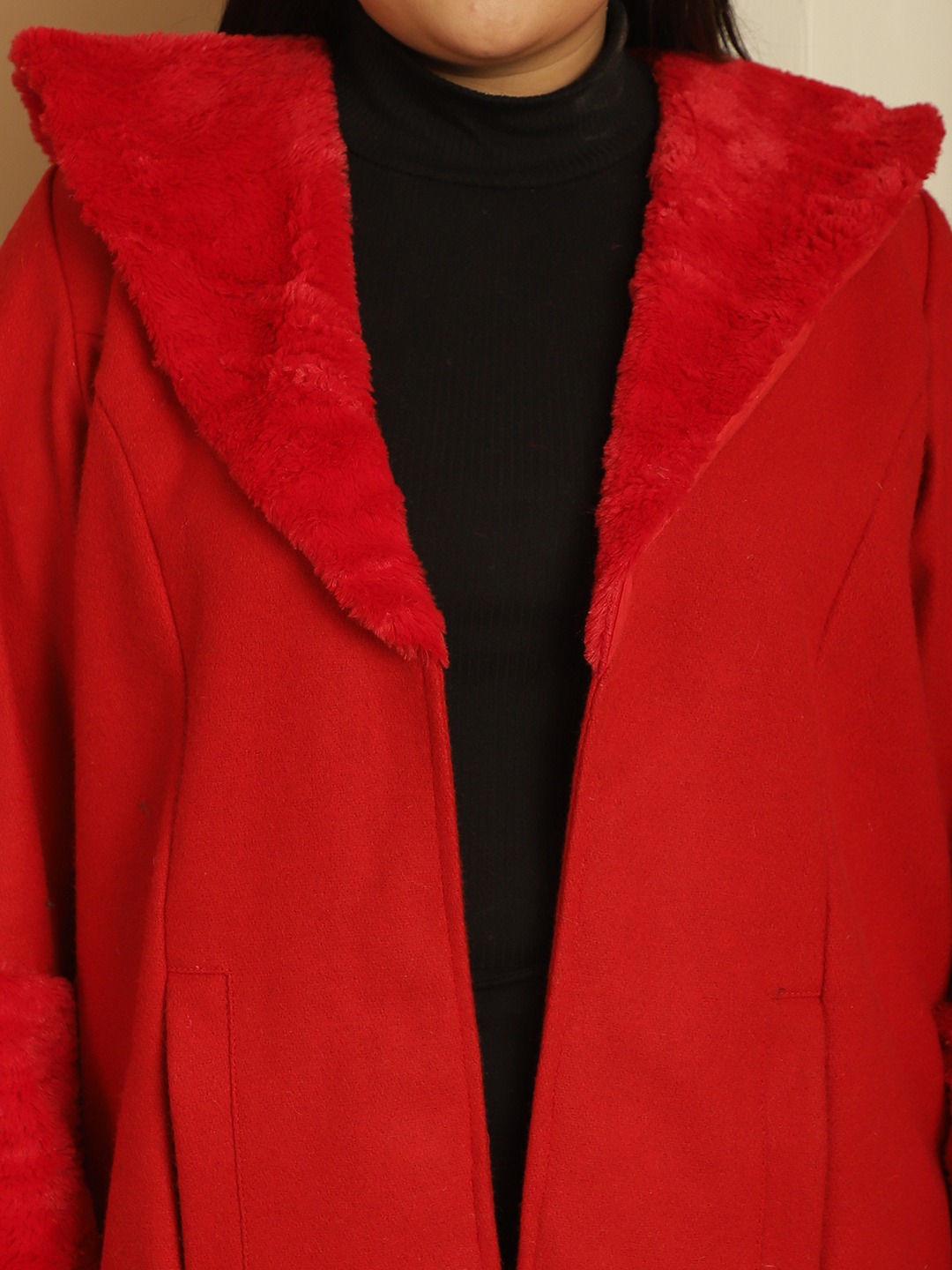 Women's Plus Size Red Solid Color faux fur Longline Jacket
