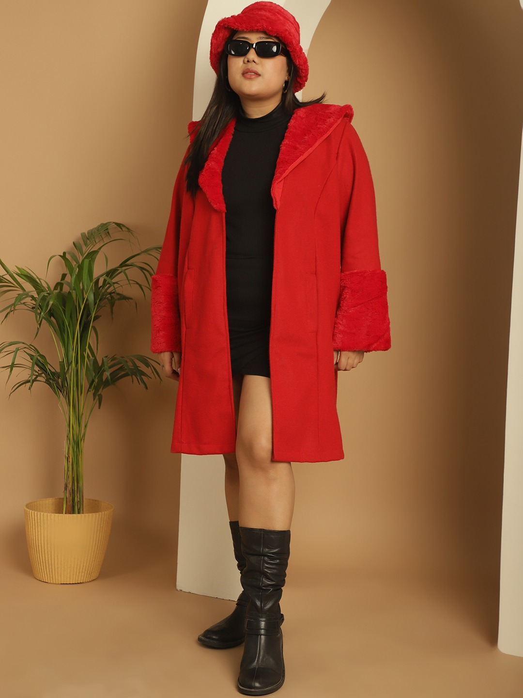 Women's Plus Size Red Solid Color faux fur Longline Jacket