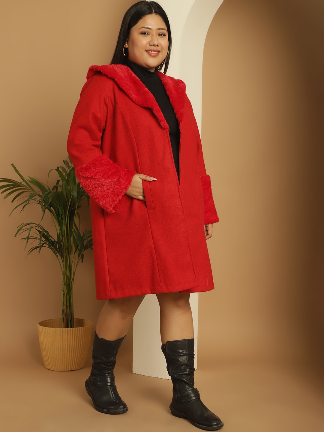 Women's Plus Size Red Solid Color faux fur Longline Jacket