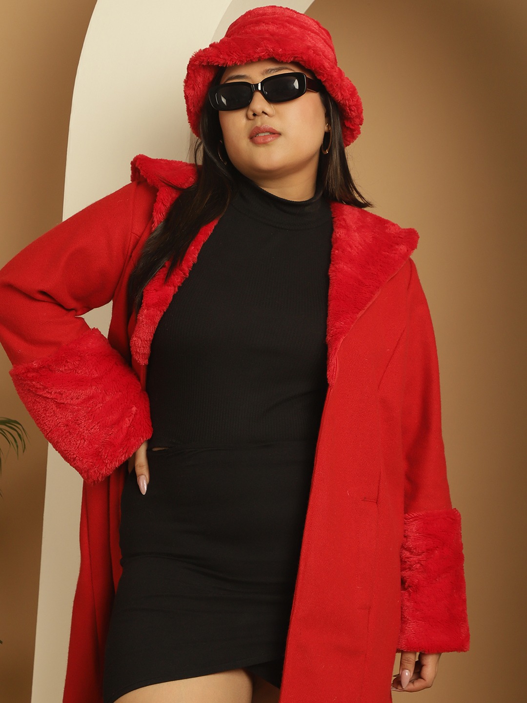 Women's Plus Size Red Solid Color faux fur Longline Jacket