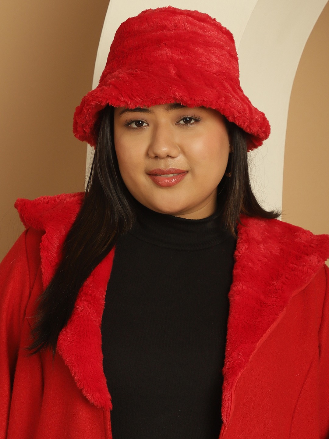Women's Faux Fur Solid Red Color Bucket Hat