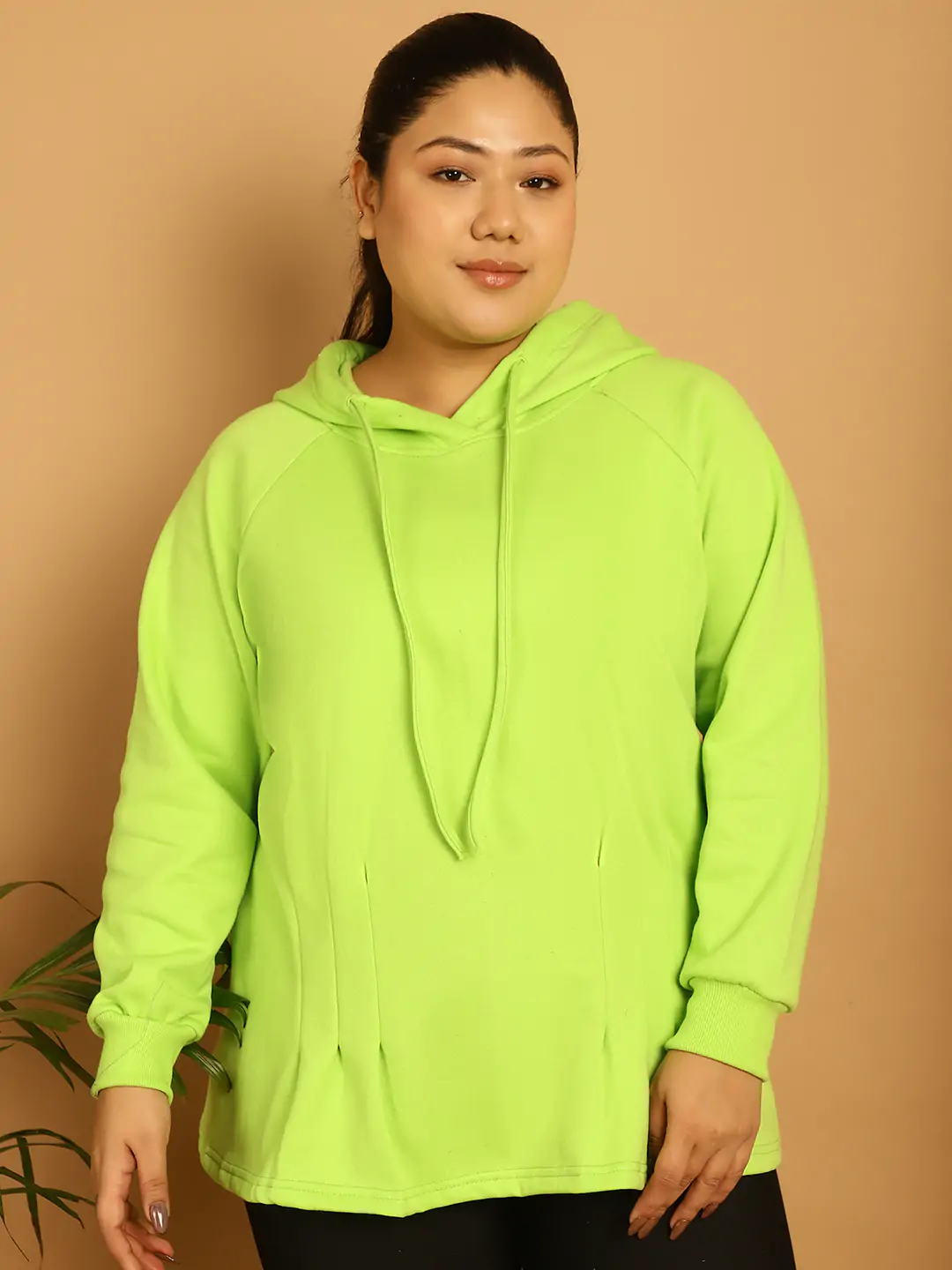 Women's Plus Size Bright Green Solid Color knitted sweatshirthas a hood neck