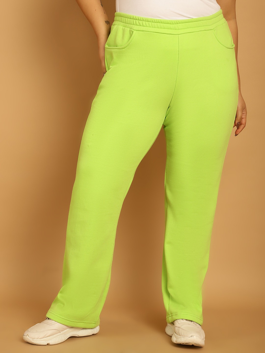Women's Plus Size Bright Green Solid Color Knitted Winter Trouser
