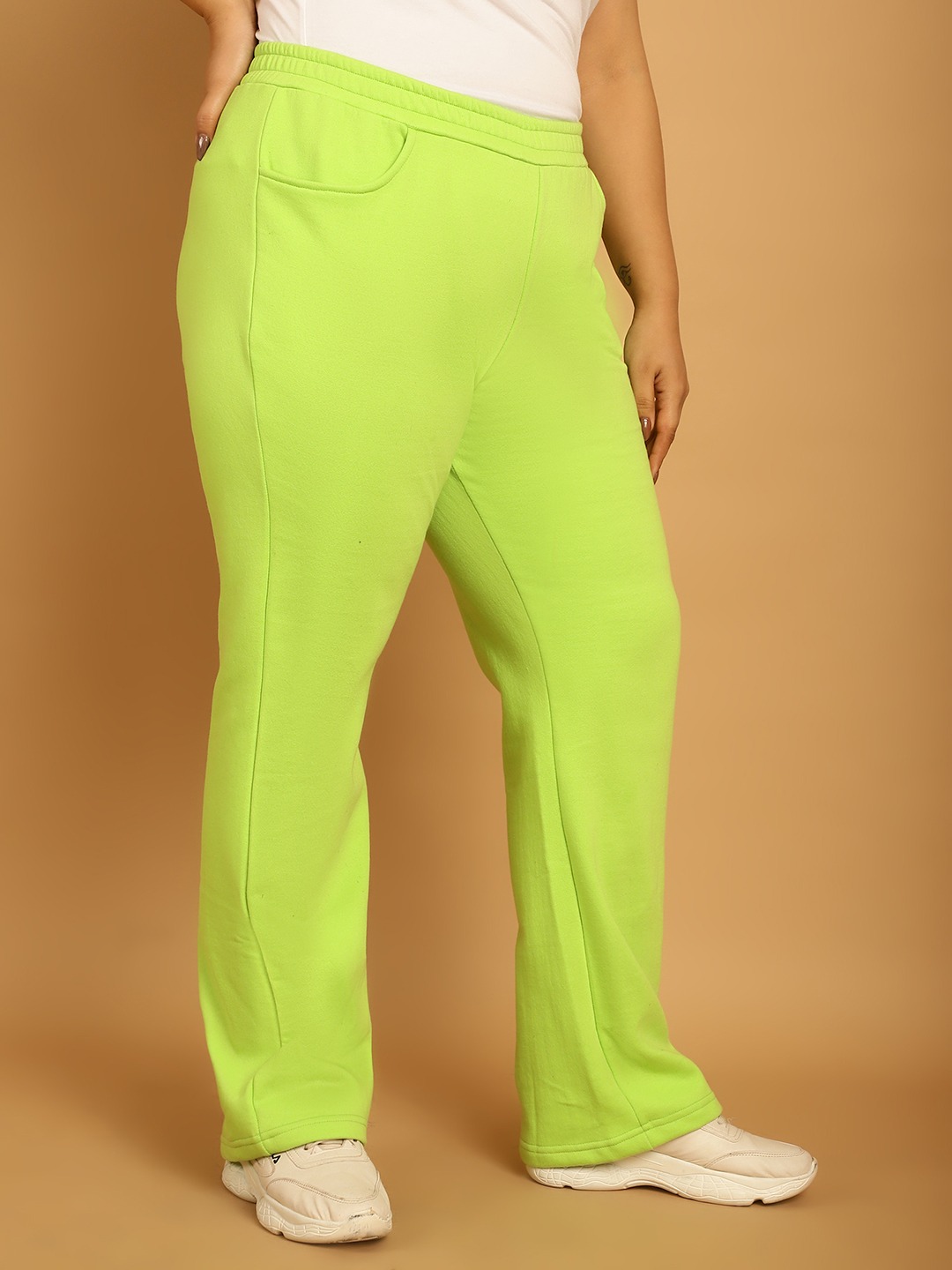 Women's Plus Size Bright Green Solid Color Knitted Winter Trouser
