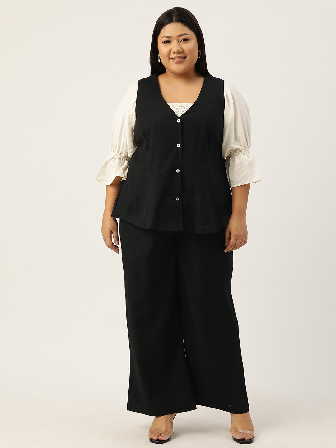 Women's Plus Size Linen Waistcoat and TrousersBlack solid Waistcoat