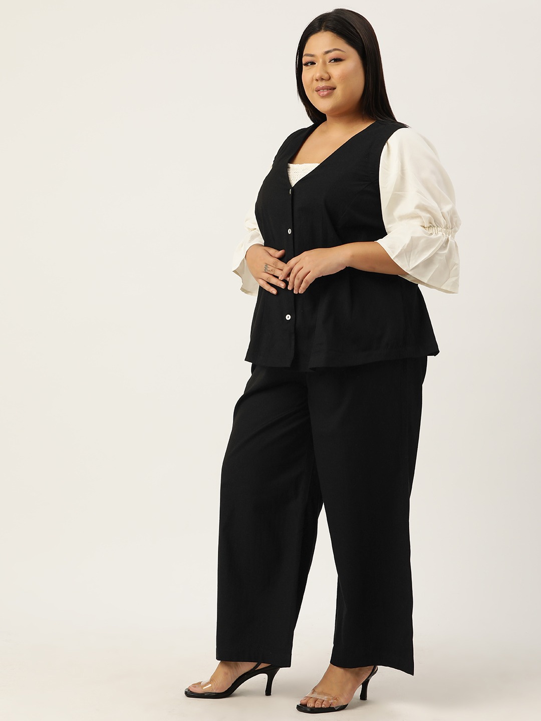 Women's Plus Size Linen Waistcoat and TrousersBlack solid Waistcoat