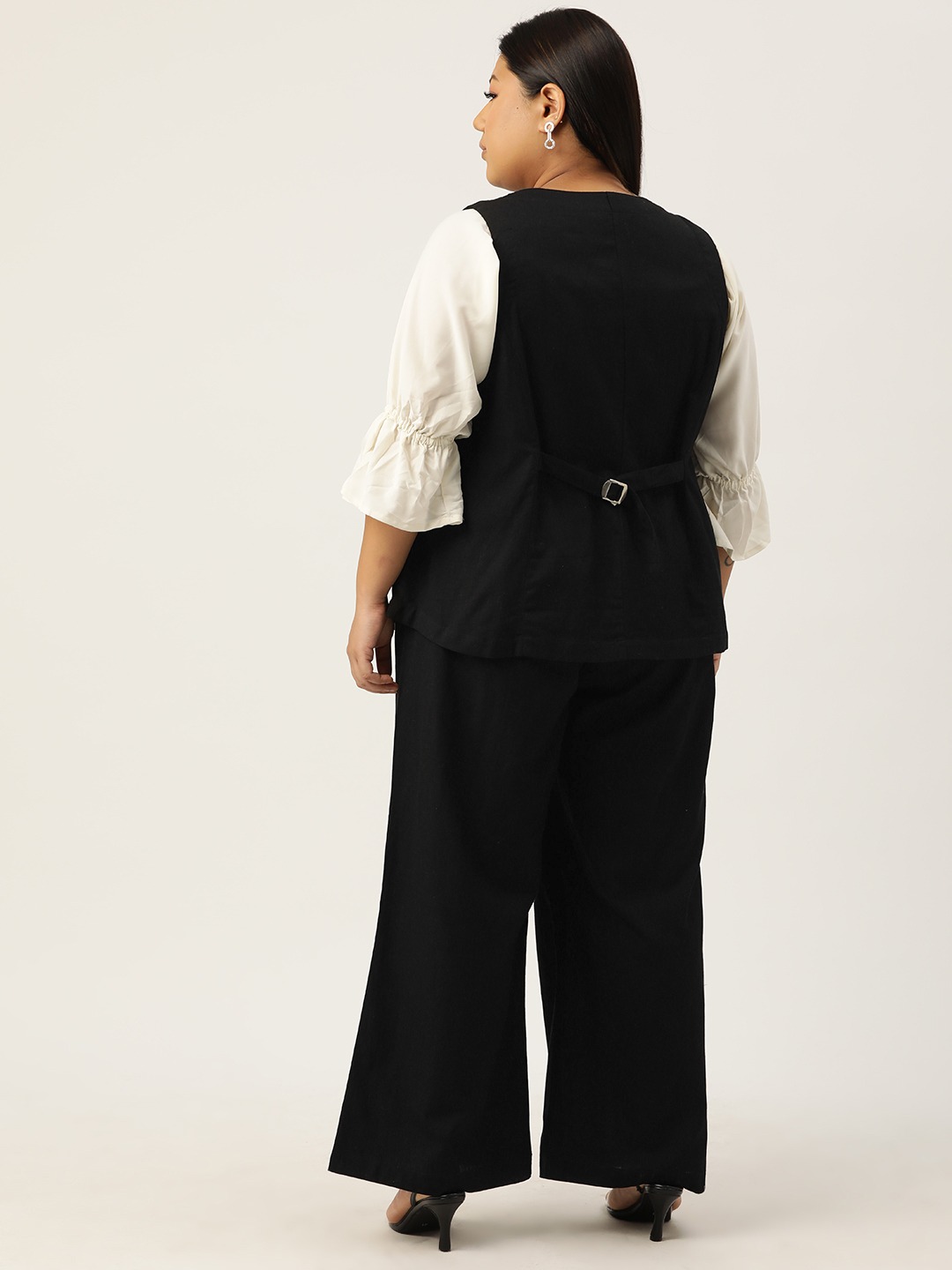 Women's Plus Size Linen Waistcoat and TrousersBlack solid Waistcoat