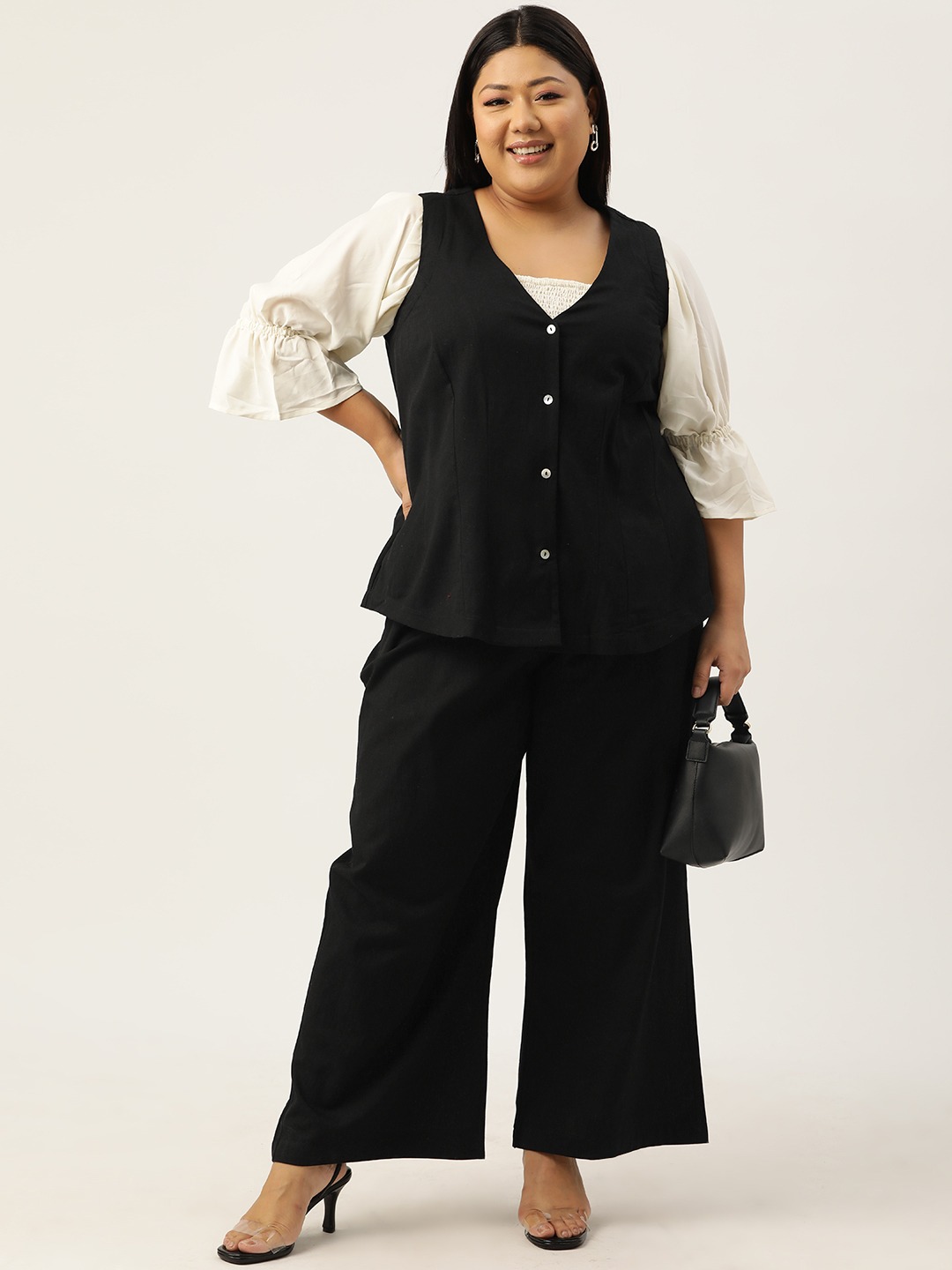 Women's Plus Size Linen Waistcoat and TrousersBlack solid Waistcoat