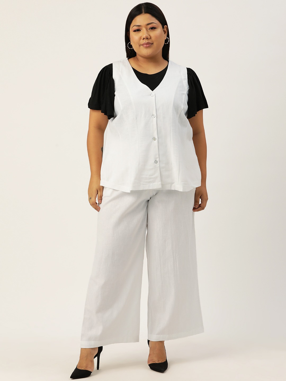 Women's Plus Size Linen Waistcoat and TrousersWhite solid Waistcoat