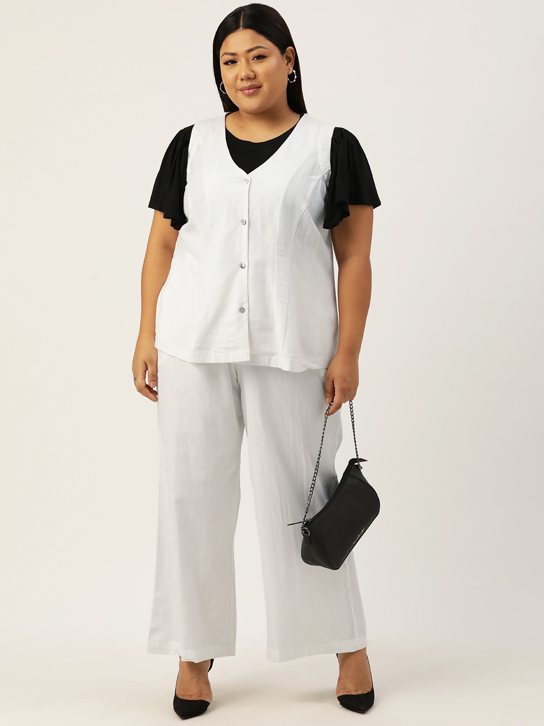 Women's Plus Size Linen Waistcoat and TrousersWhite solid Waistcoat