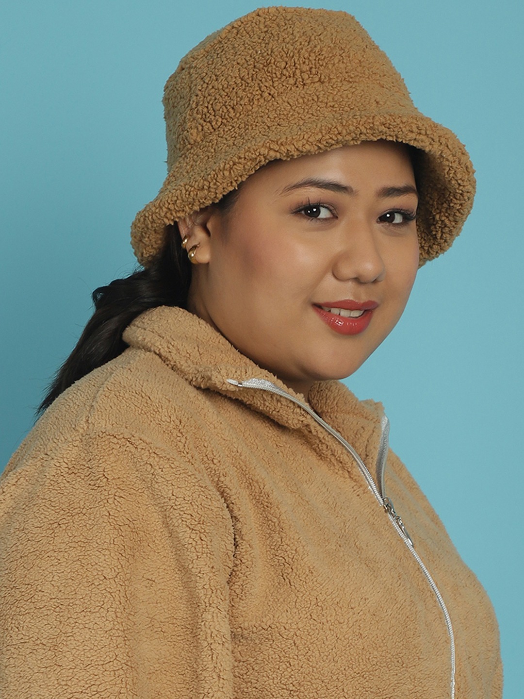 Women's Camel Brown Solid Color Teddy Bucket Hat.