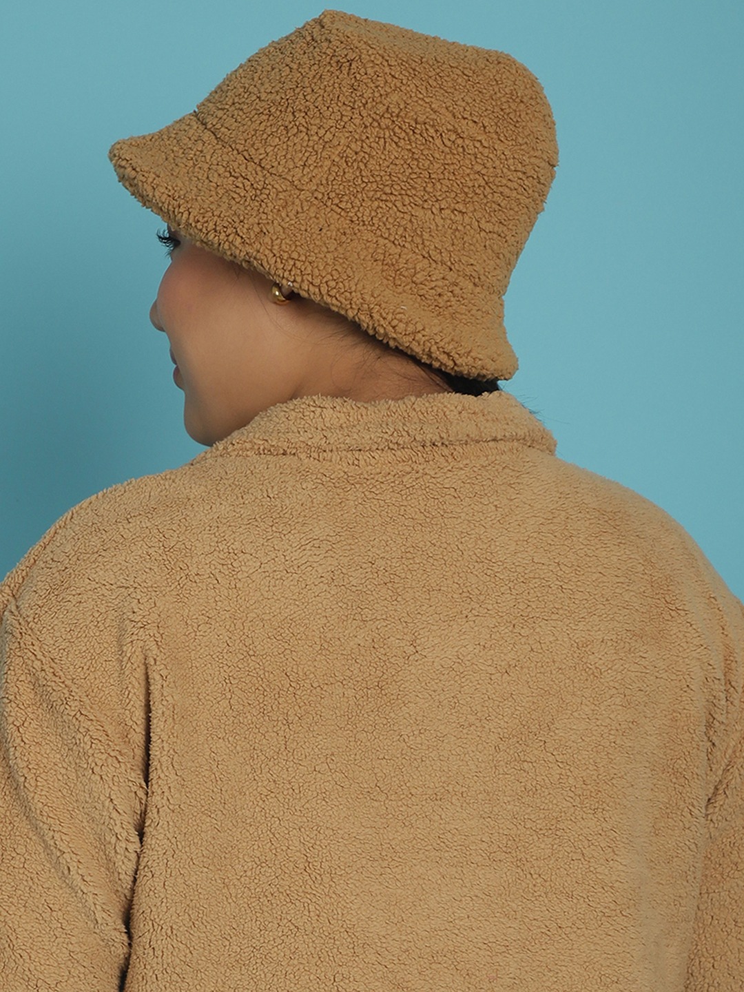 Women's Camel Brown Solid Color Teddy Bucket Hat.