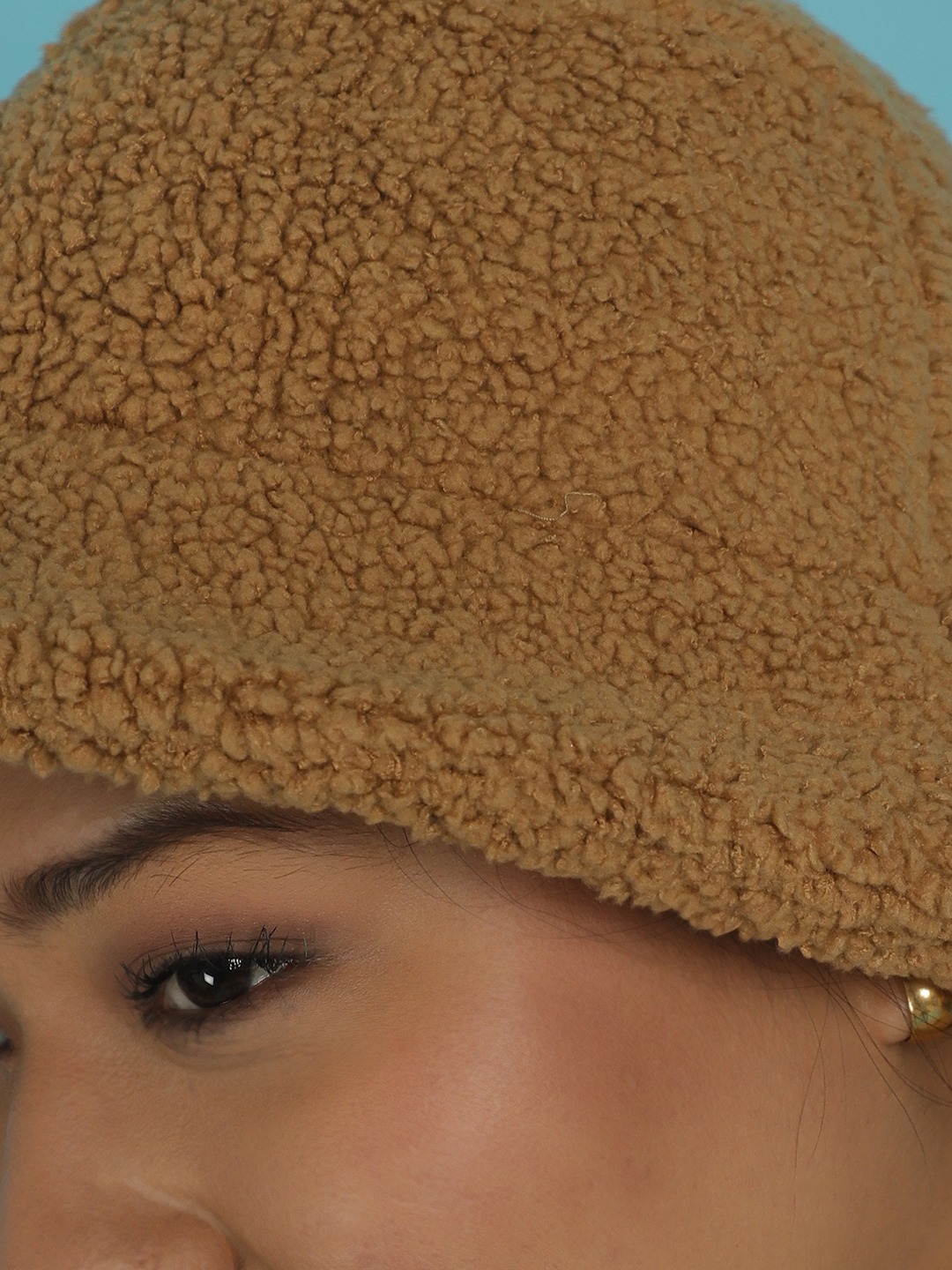 Women's Camel Brown Solid Color Teddy Bucket Hat.