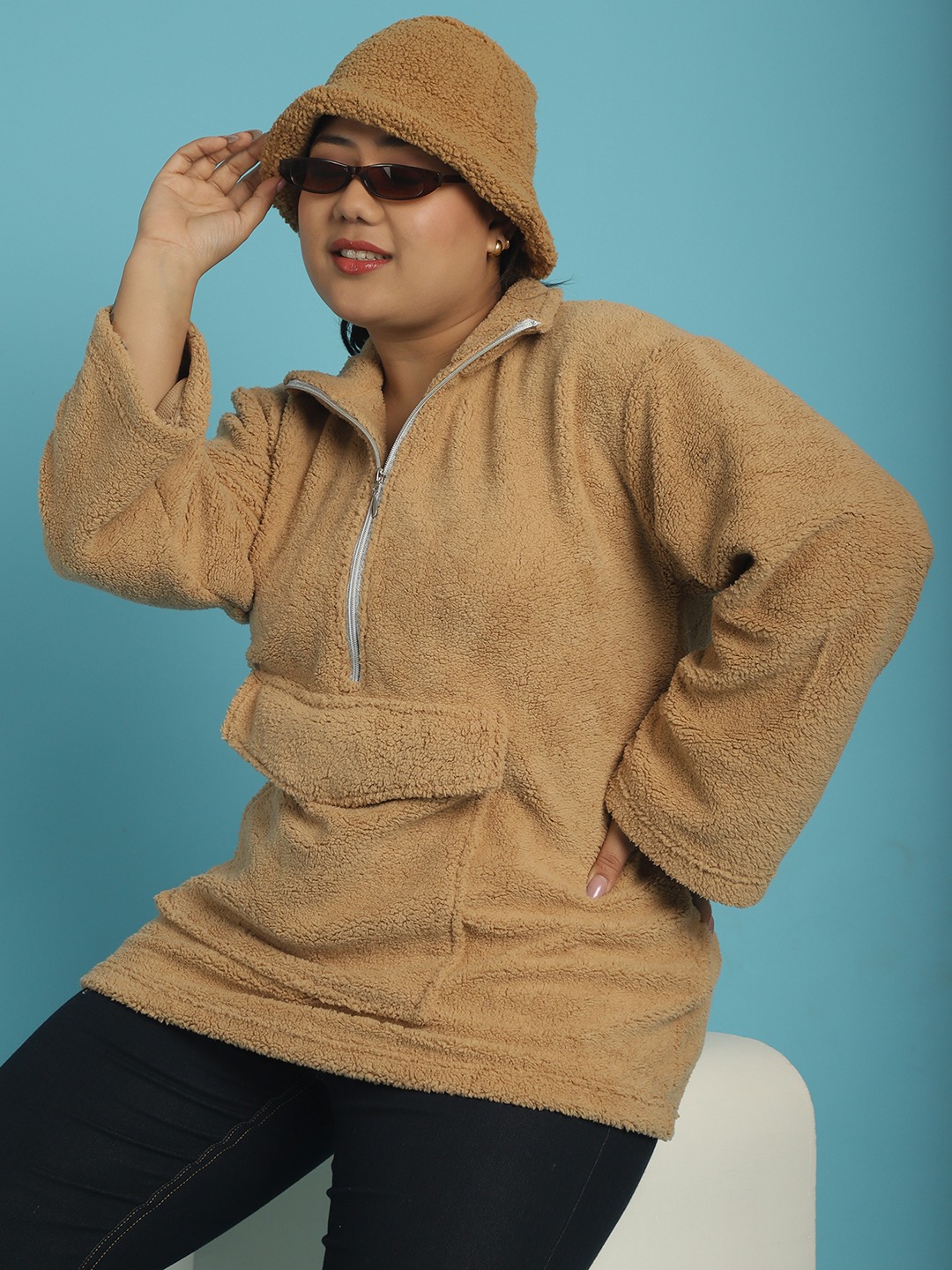 Women's Camel Brown Solid Color Teddy Bucket Hat.