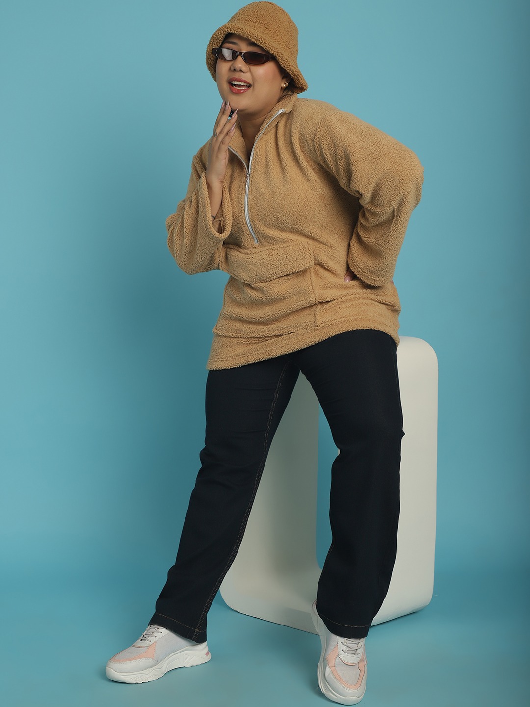 Women's Camel Brown Solid Color Teddy Bucket Hat.