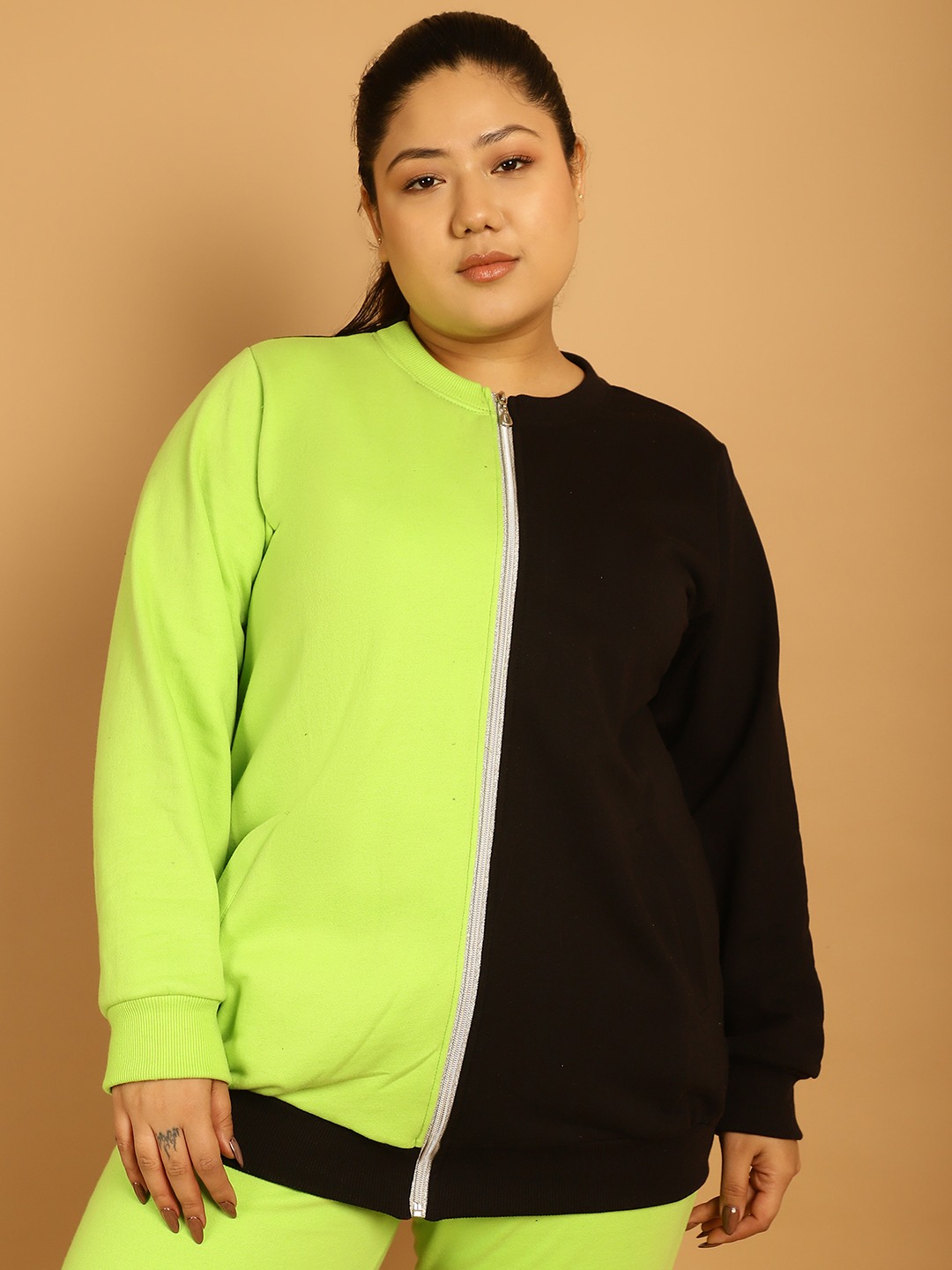 Women's Plus Size Bright Green & Black Color Block Jacket