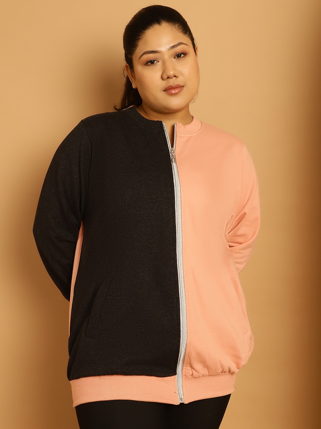 Women's Plus Size Pink & Charcoal Grey Color Block Jacket