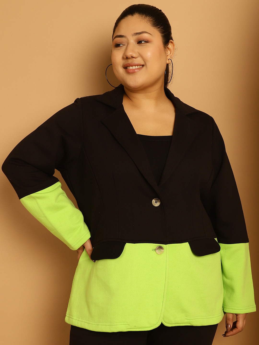 Women's Plus Size Black & Bright Green Color Block Knitted Jacket