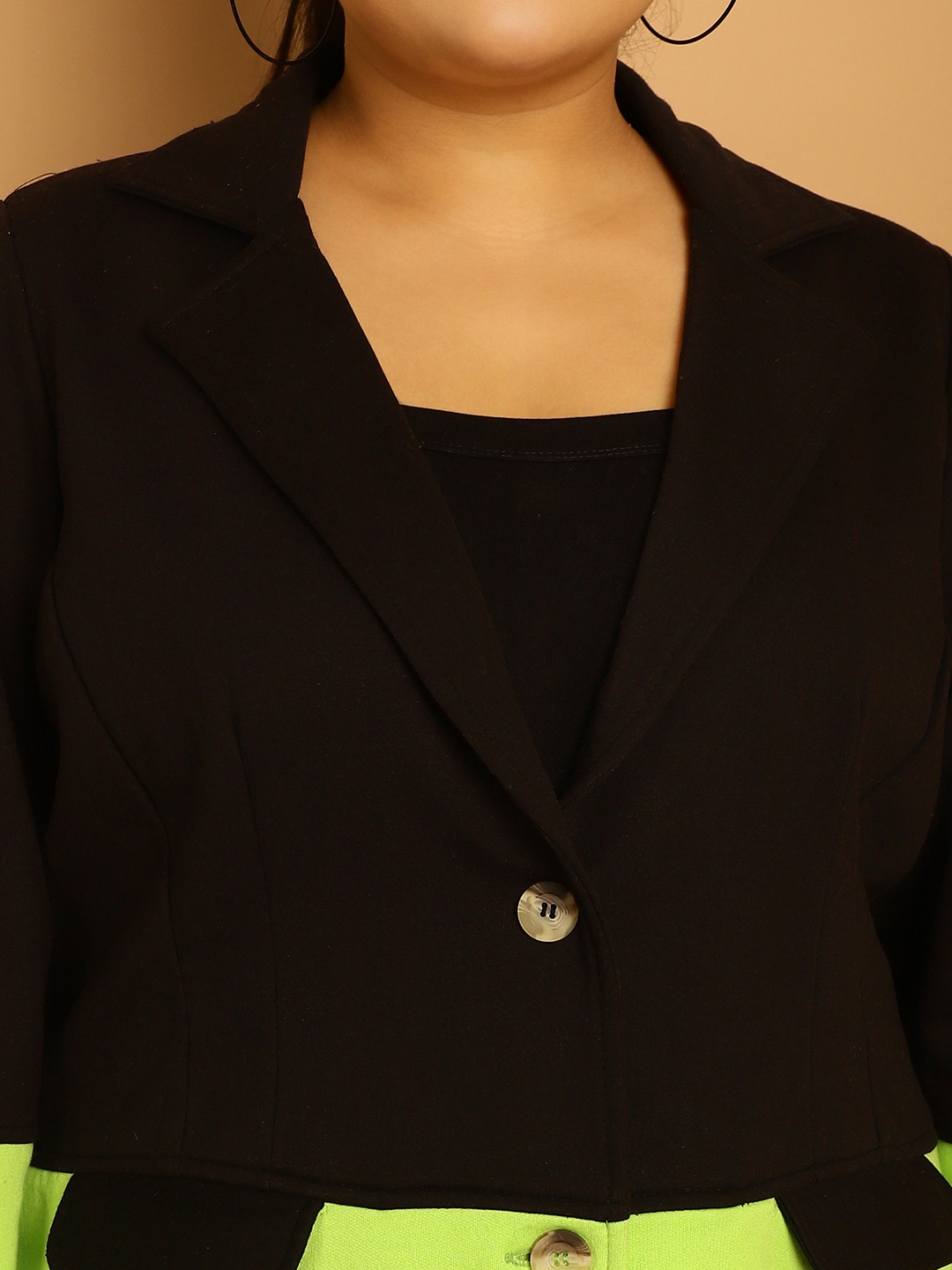 Women's Plus Size Black & Bright Green Color Block Knitted Jacket