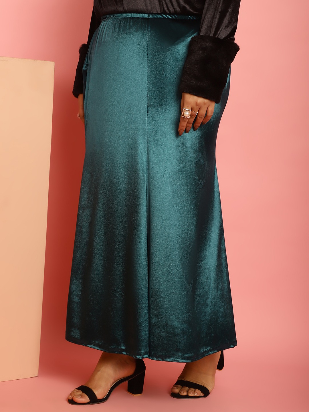 Women's Plus Size Green Solid Color Velvet Party Wear Mermaid Skirt