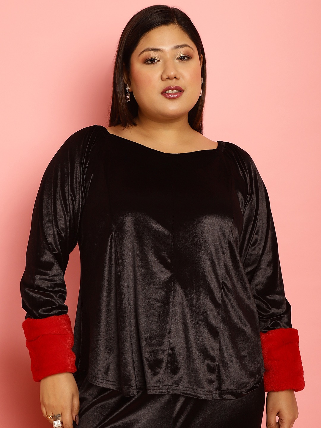 Women's Plus Size Red Solid Color Velvet Top with faux fur at cuff
