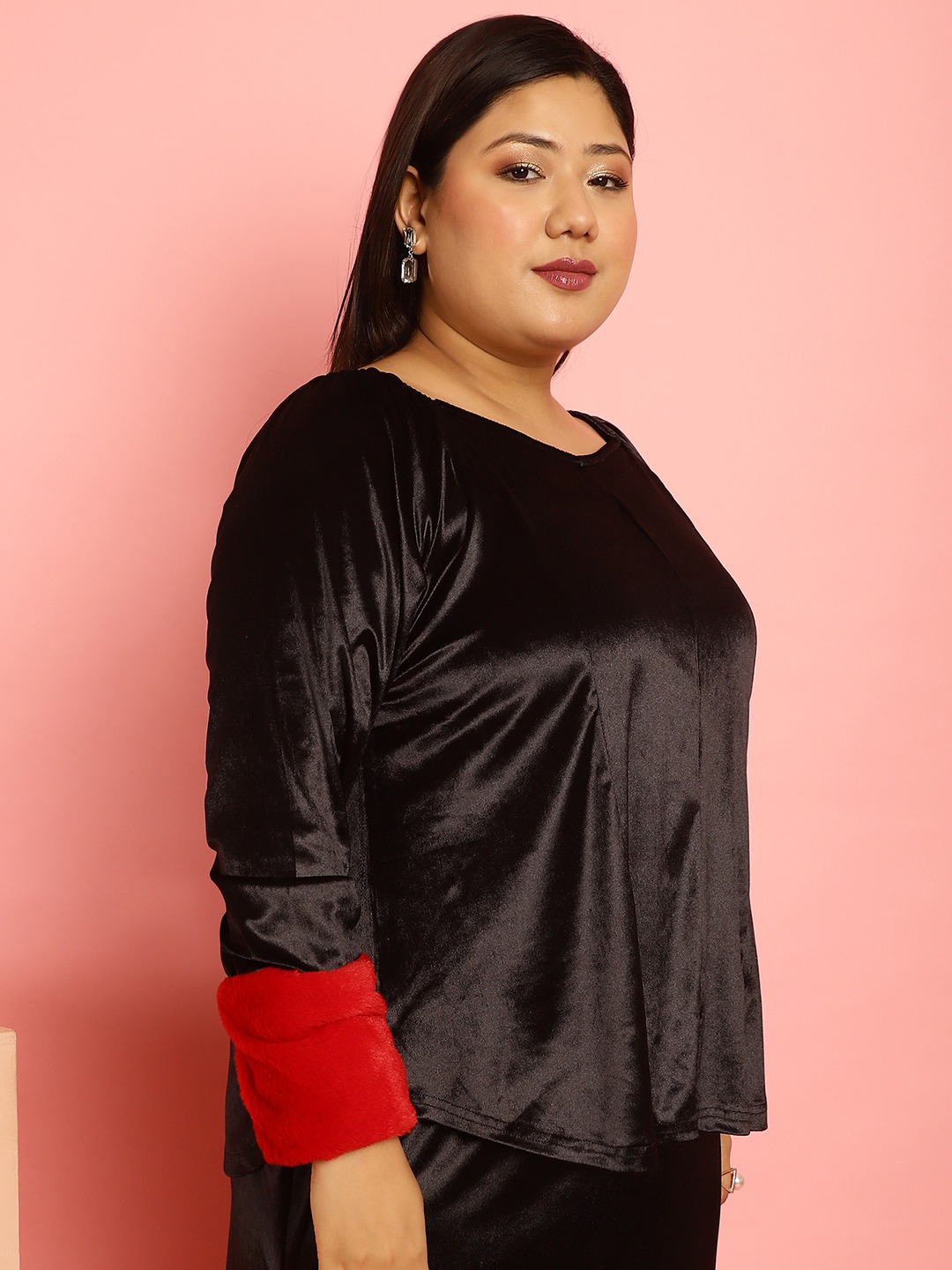 Women's Plus Size Red Solid Color Velvet Top with faux fur at cuff