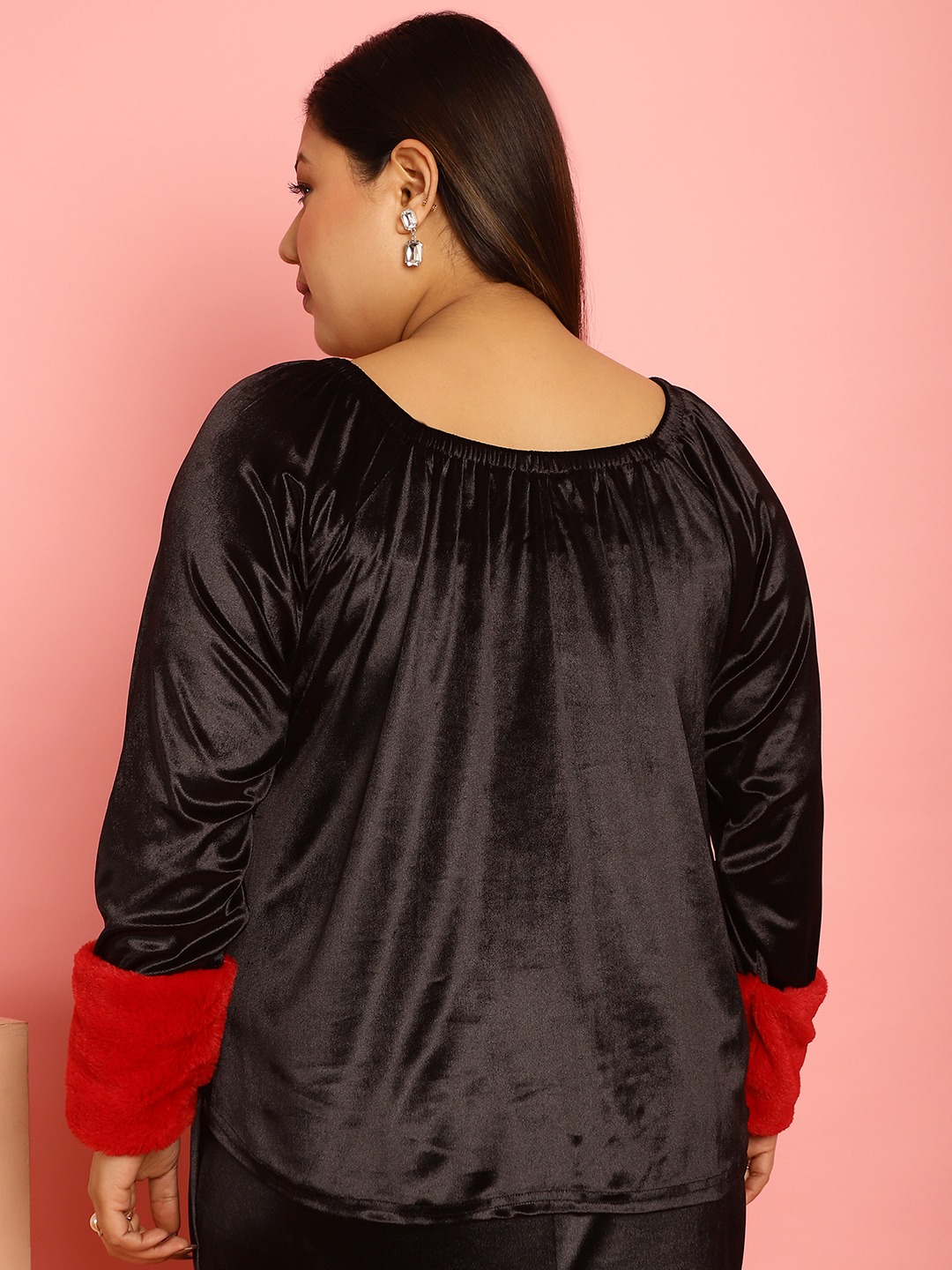 Women's Plus Size Red Solid Color Velvet Top with faux fur at cuff