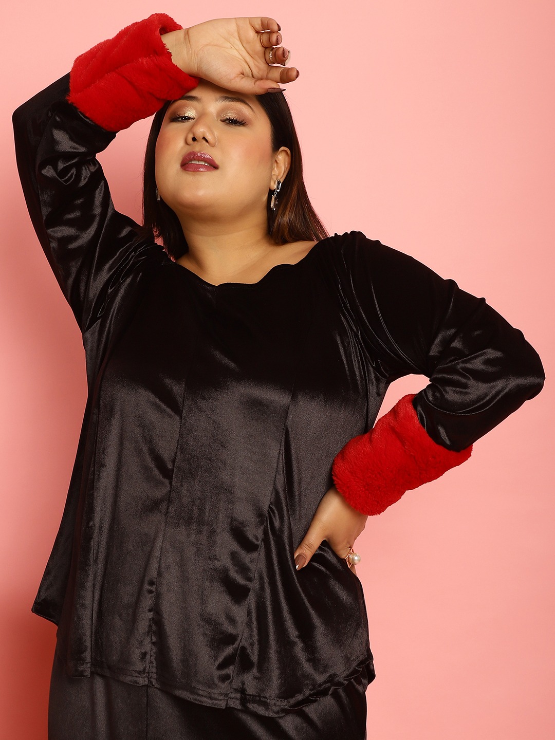 Women's Plus Size Red Solid Color Velvet Top with faux fur at cuff