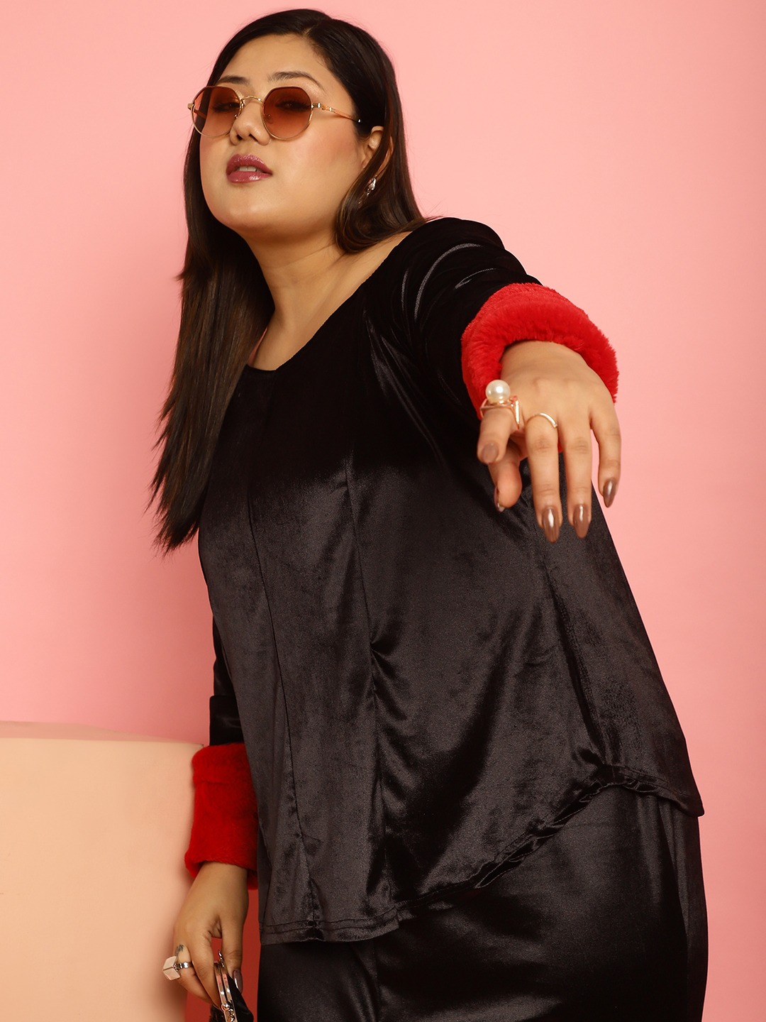Women's Plus Size Red Solid Color Velvet Top with faux fur at cuff