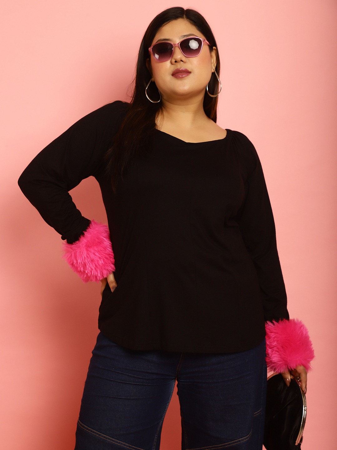 Women's Plus Size Dark Pink Solid Color Viscose Knitted Top with faux fur at cuff