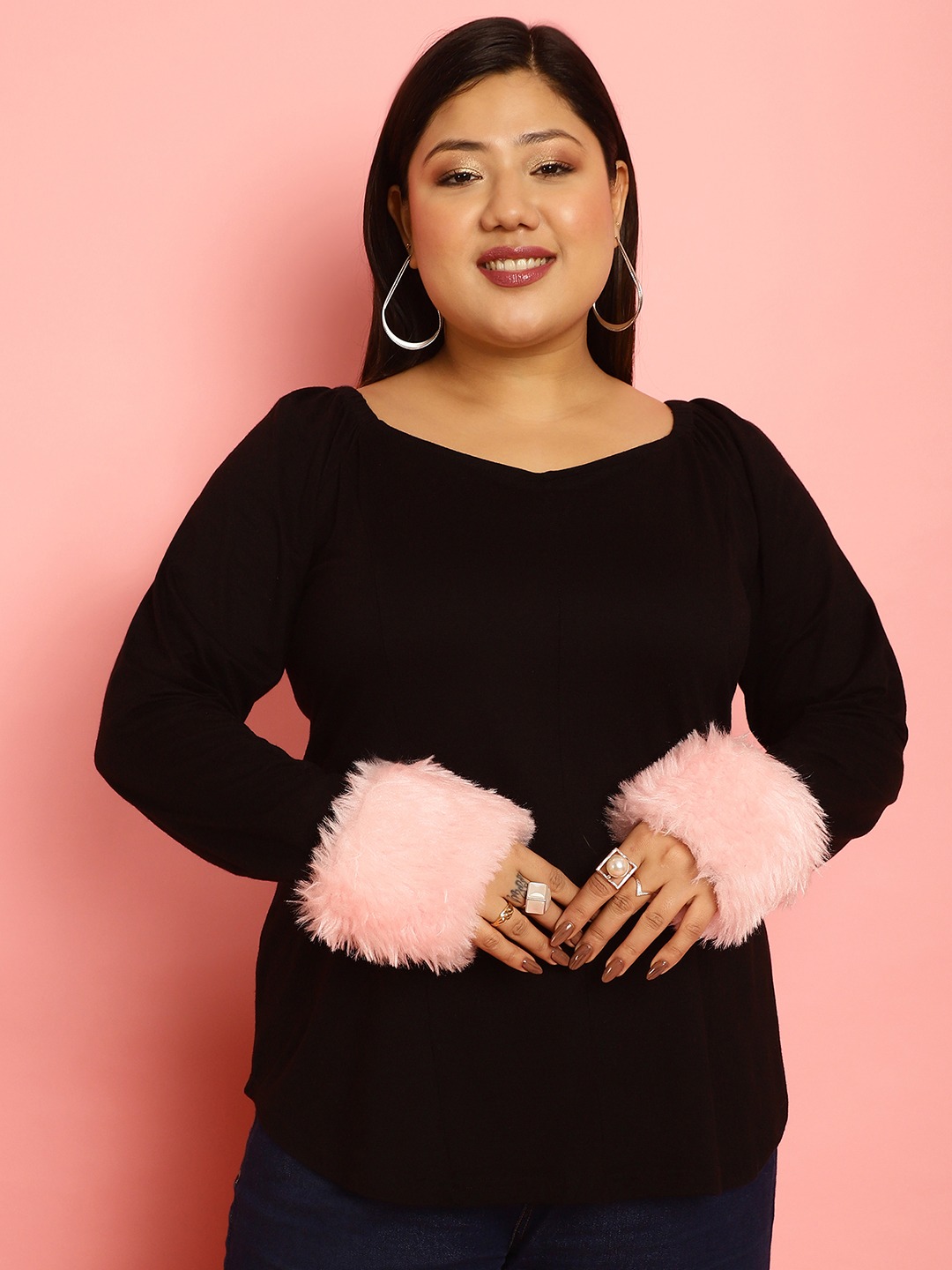 Women's Plus Size Pink Solid Color Viscose Knitted Top with faux fur at cuff