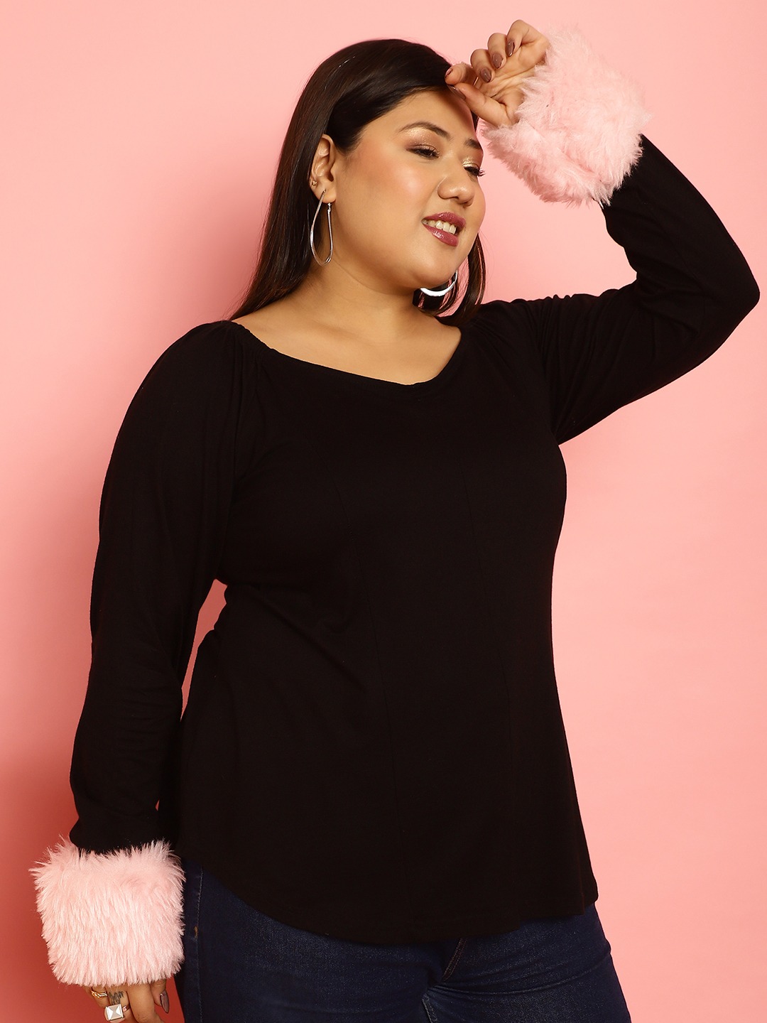 Women's Plus Size Pink Solid Color Viscose Knitted Top with faux fur at cuff