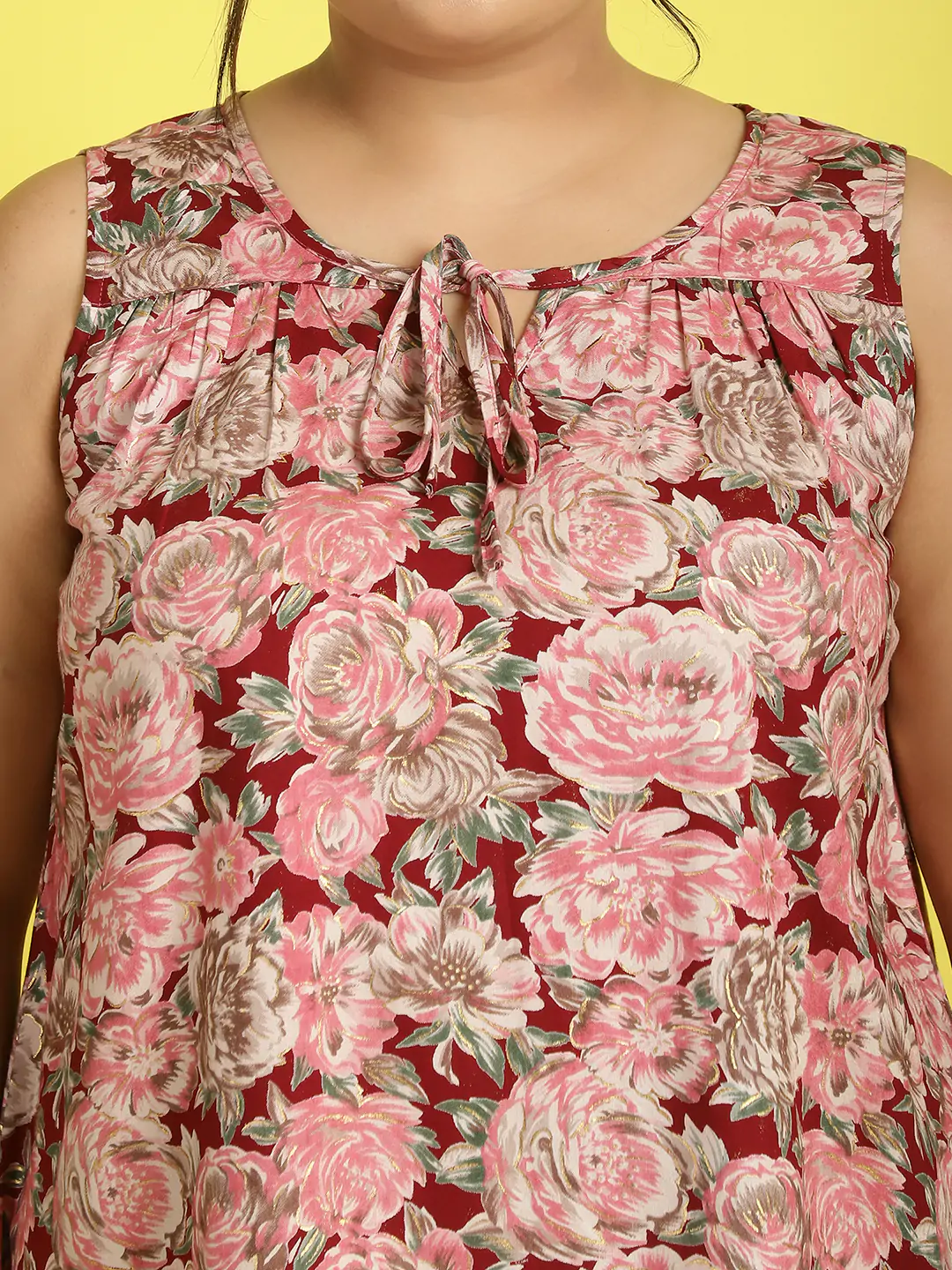 Women's Plus Size Maroon Rose floral printed tie-Up Neck Woven Top