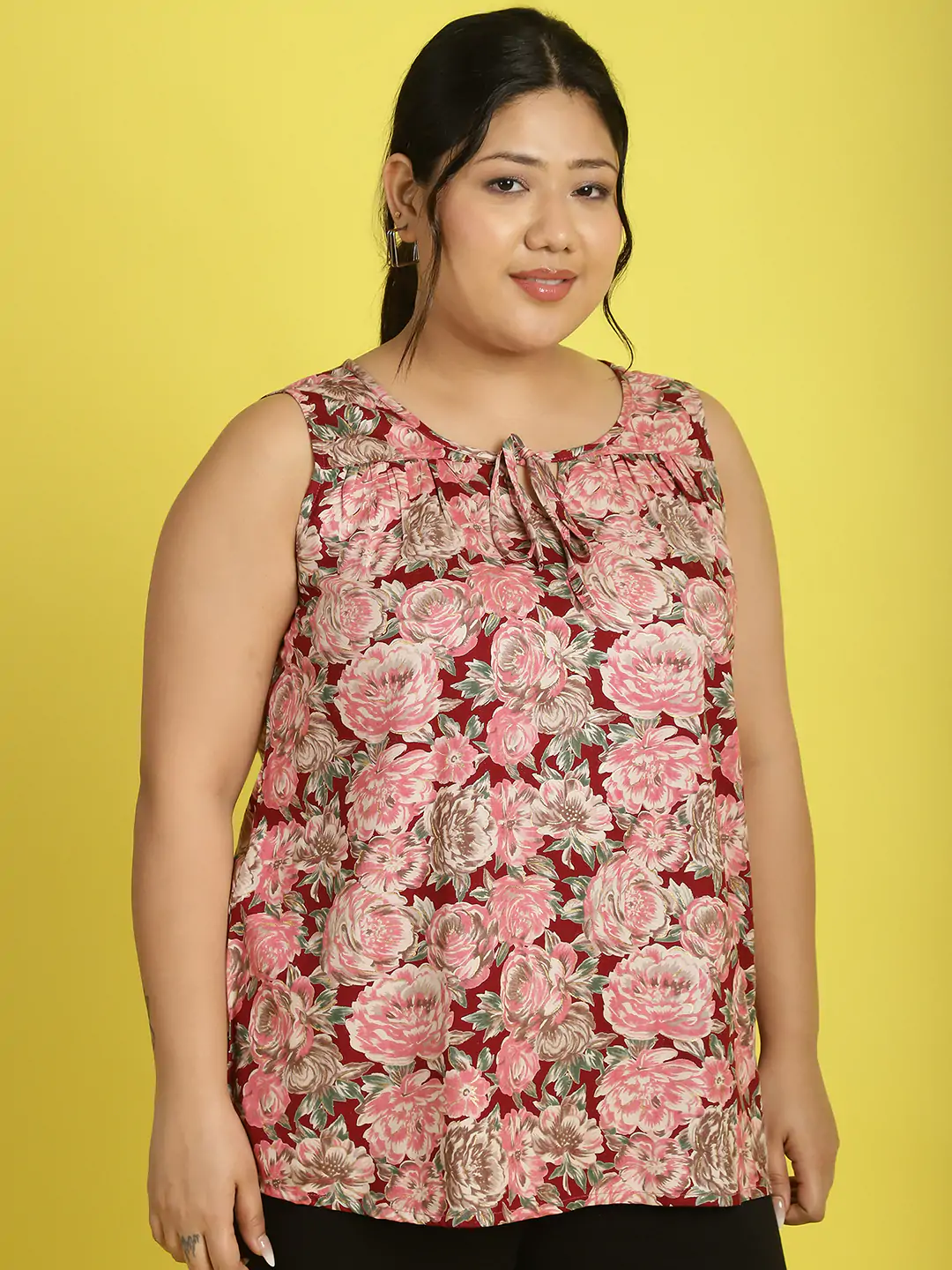Women's Plus Size Maroon Rose floral printed tie-Up Neck Woven Top