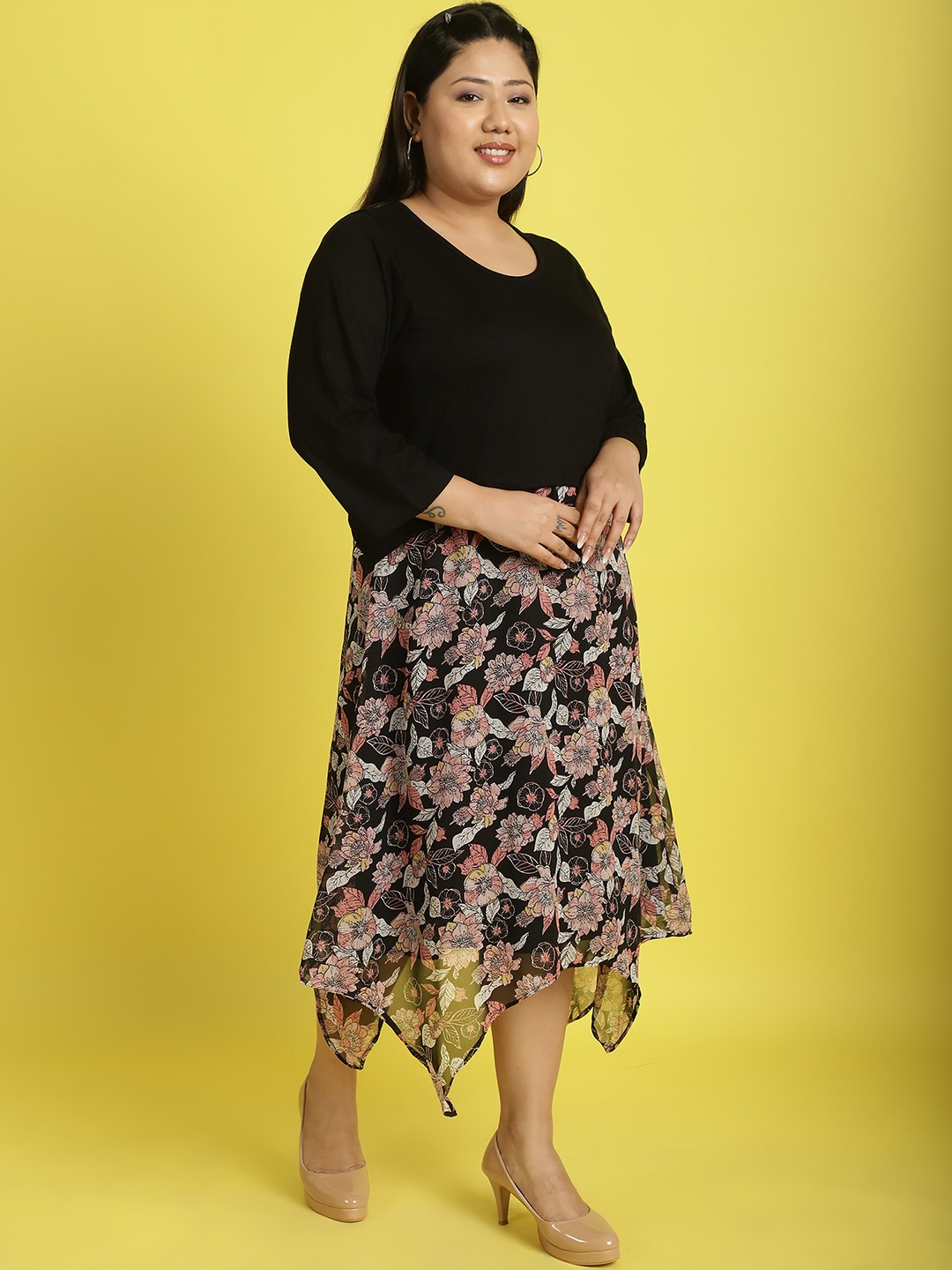 Women's Plus Size Black Pink & White Floral Printed Layered A-Line Midi Dress