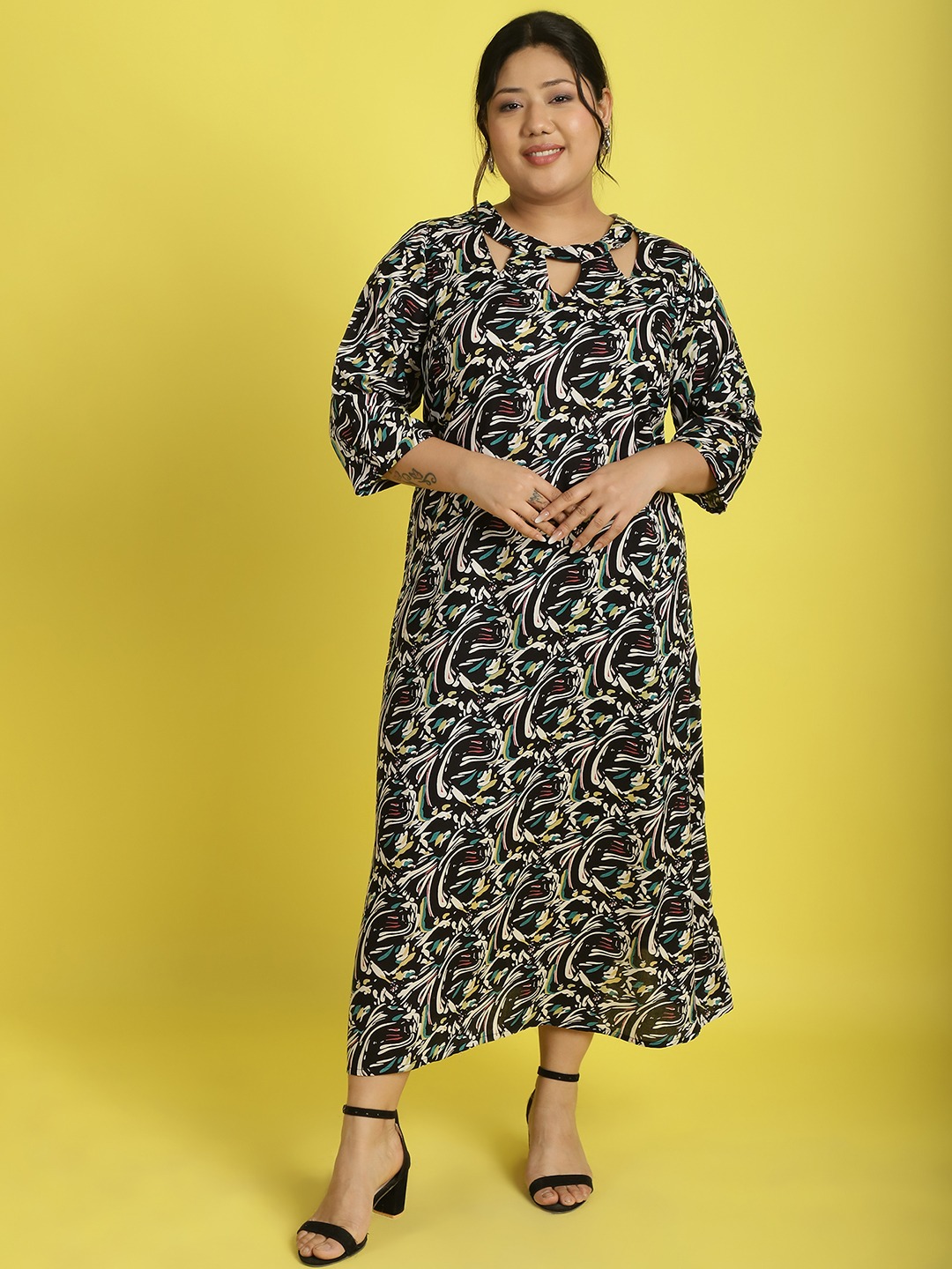 Women's Plus Size Black abstract printed A-Line Midi dress