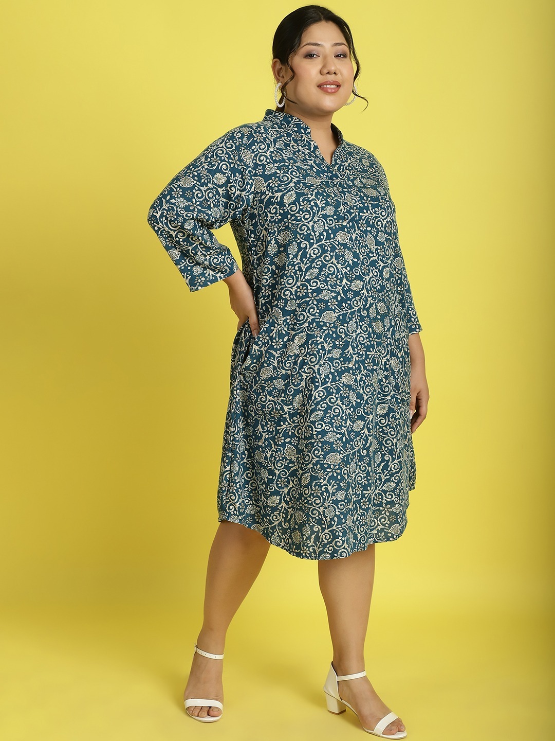 theRebelinme Plus Size Women's Teal floral batik printed Shirt Midi dress