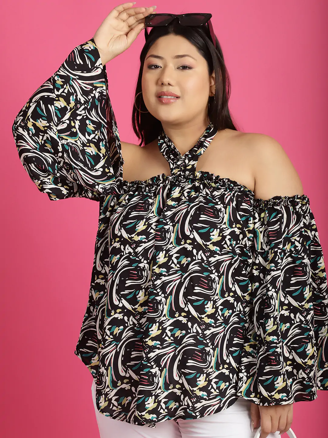 Women's Plus Size Black abstract printed halter Neck Top