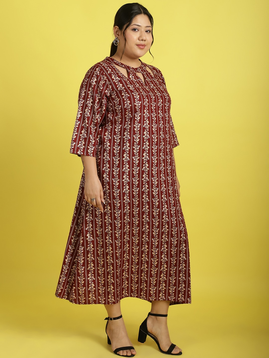 Women's Plus Size Maroon Gold floral printed A-Line Midi dress
