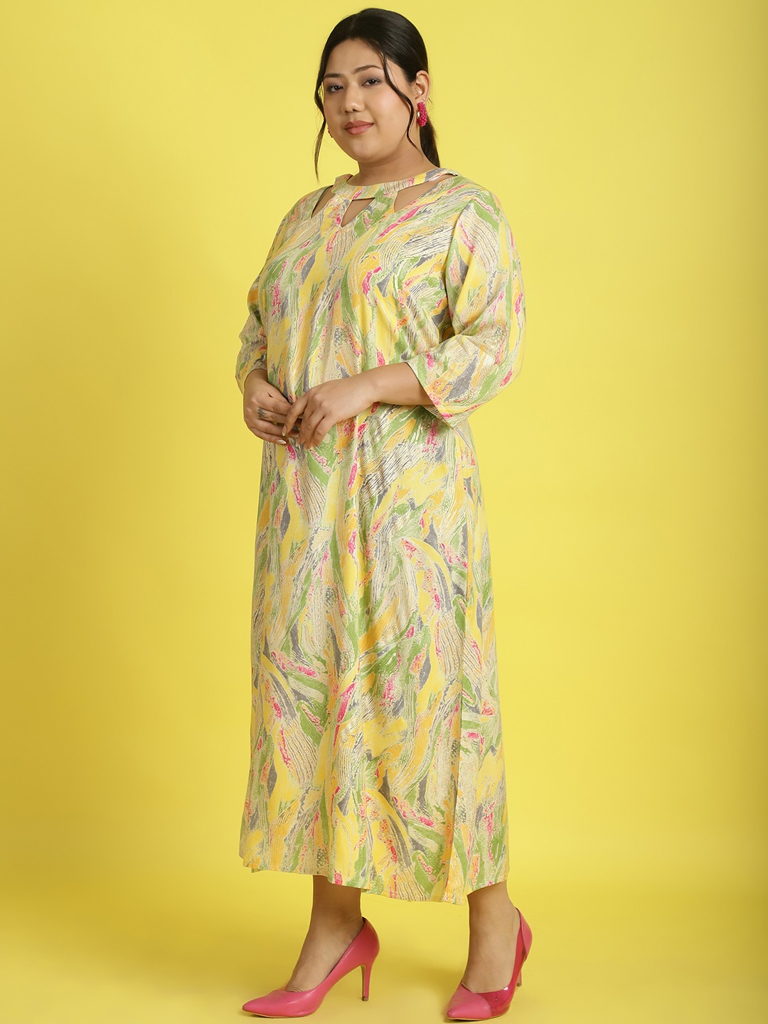 Women's Plus Size Yellow Gold Foil printed A-Line Midi dress
