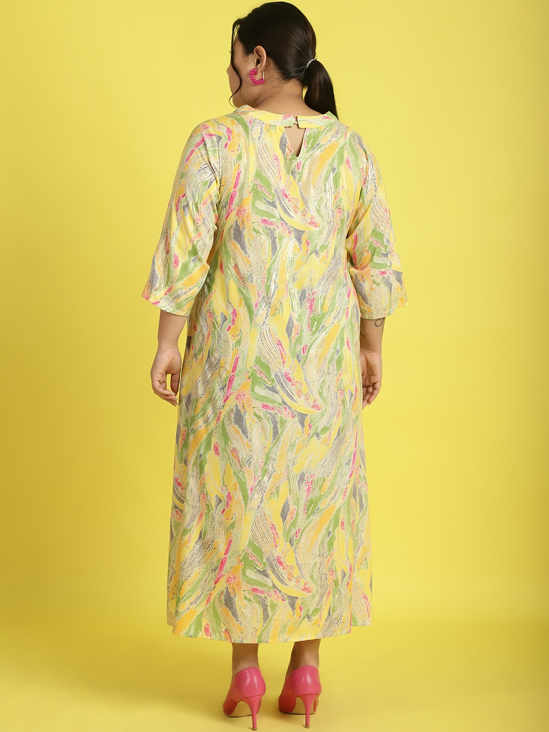 Women's Plus Size Yellow Gold Foil printed A-Line Midi dress