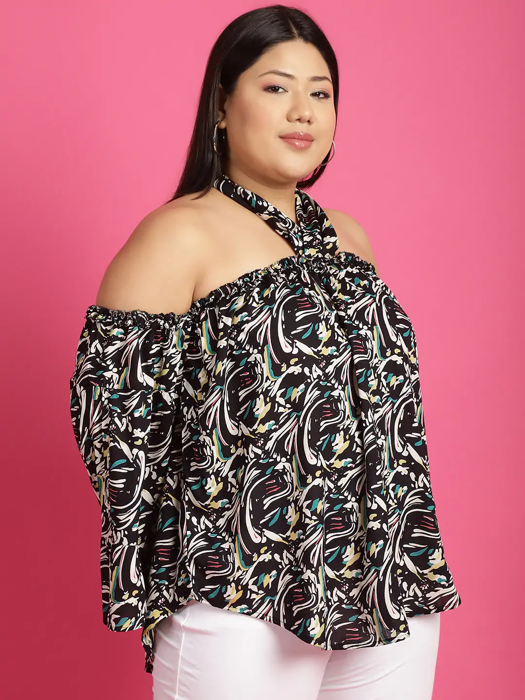 Women's Plus Size Black abstract printed halter Neck Top