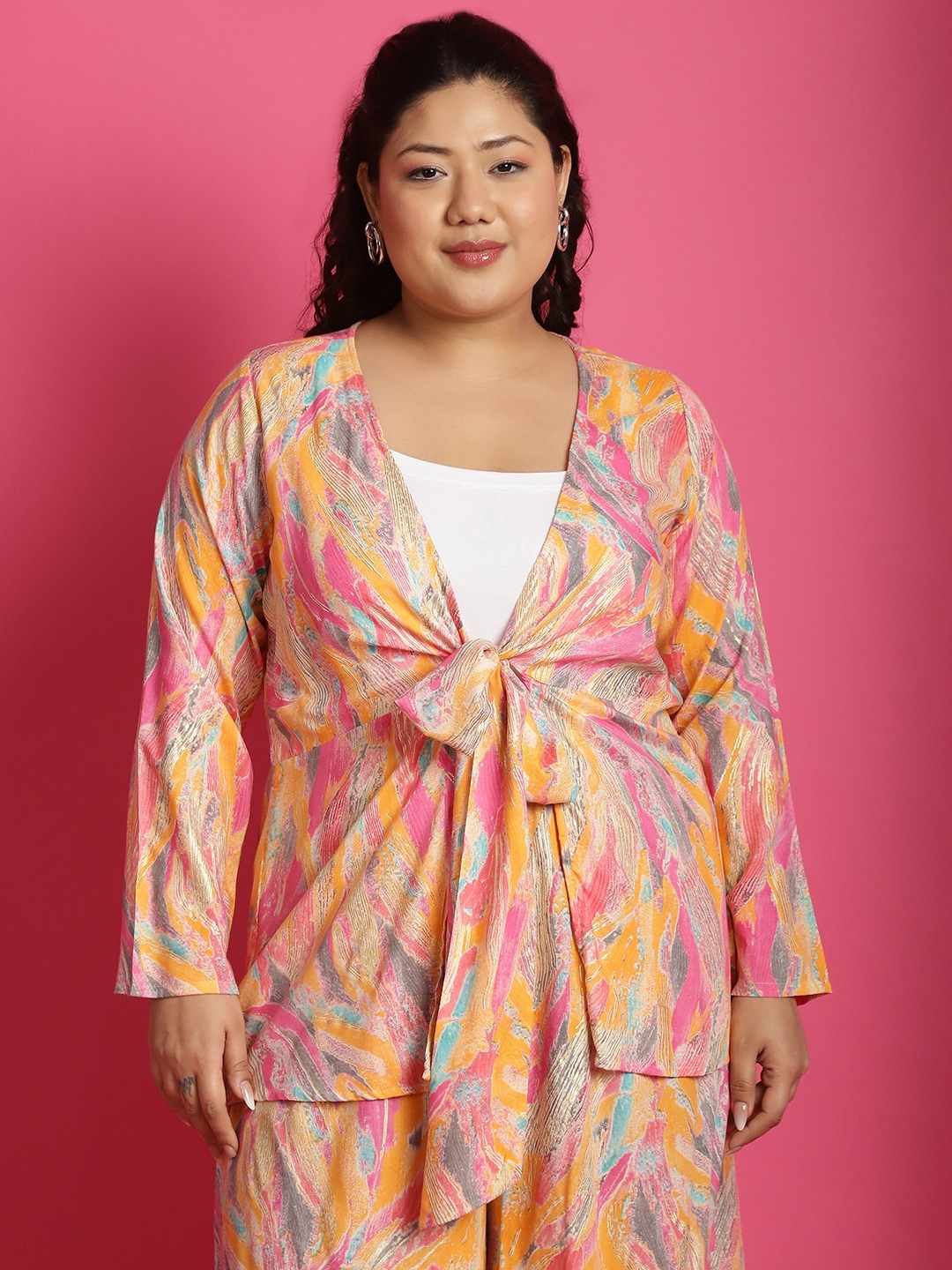 Women's Plus Size Pink Gold Foil printed tie-up shrug