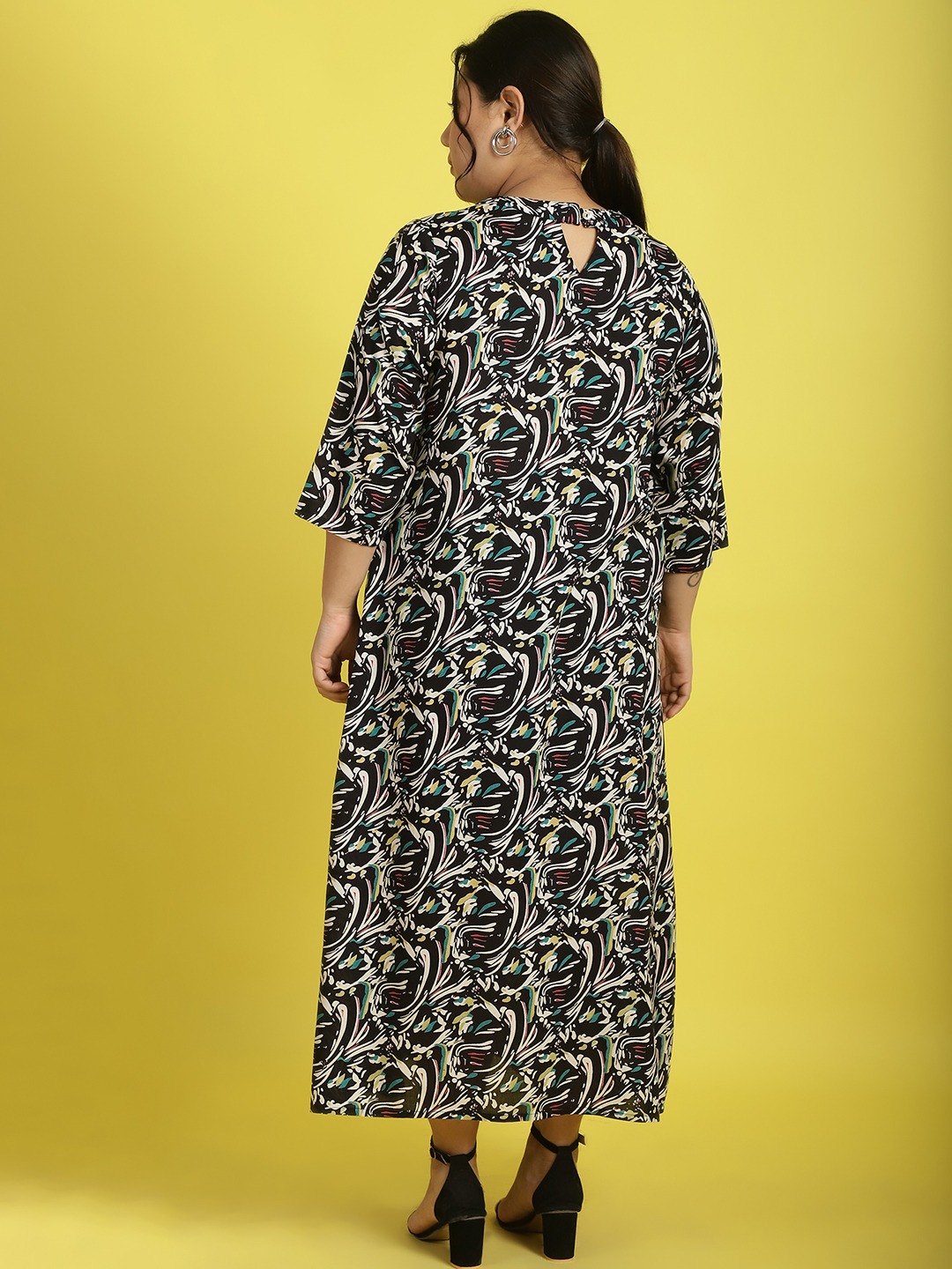 Women's Plus Size Black abstract printed A-Line Midi dress